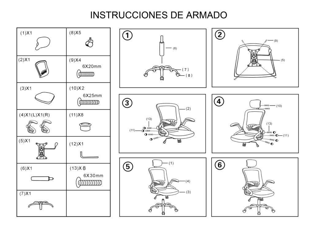 diagrama de ejemplo de armado de una silla de escritorio, muestra piezas que trae la caja, y en qué pasos debe armarse.