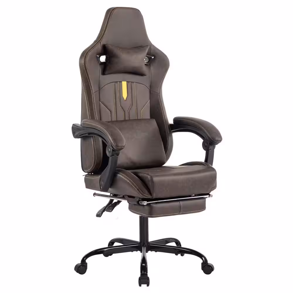 Silla gamer office ejecutiva de cuero marrón reclinable.
