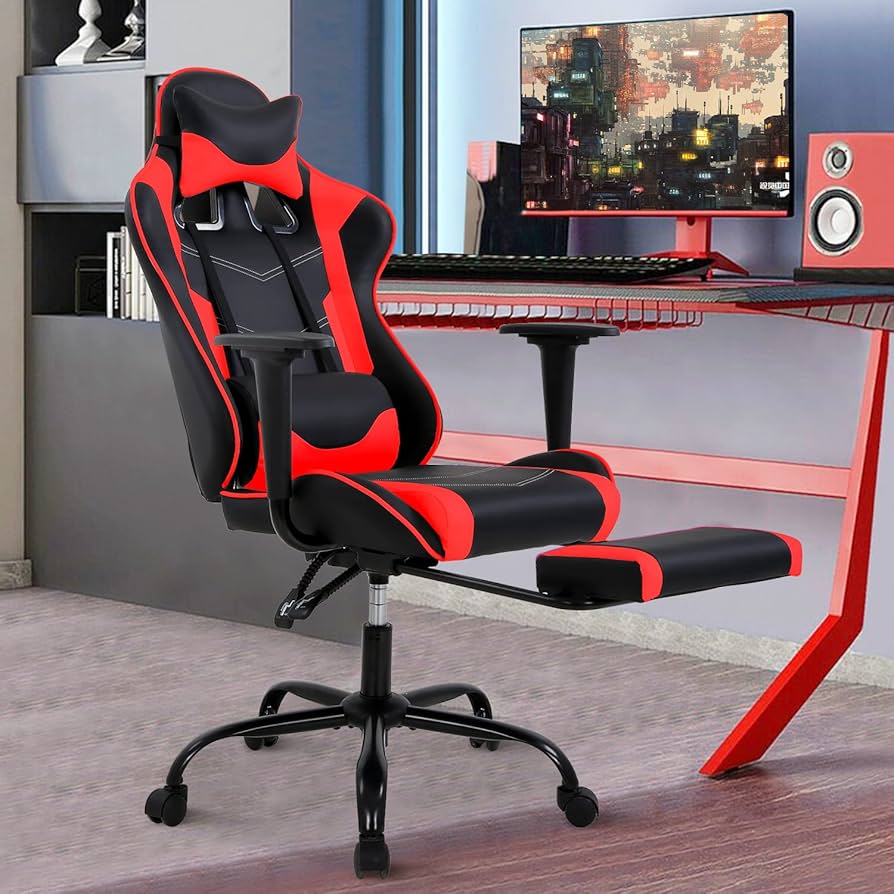 Silla gamer office negra con cojín lumbar visible y respaldo elevado.