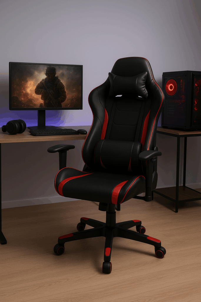 Silla gamer office negra en un escritorio moderno con iluminación LED.