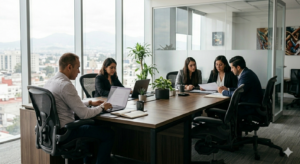 Equipo de trabajo en oficina corporativa utilizando sillas ergonómicas profesionales