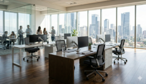 Oficina limpia con mobiliario ergonómico bien conservado