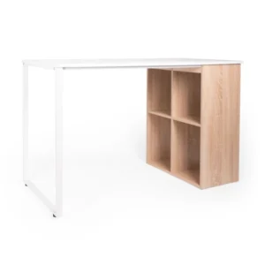 AVENZA DESK, escritorio blanco con módulo de madera clara, vista frontal