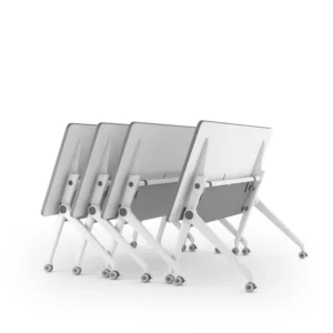 DORIANNA DESK, mesa colaborativa blanca con canto gris, configuración anidable