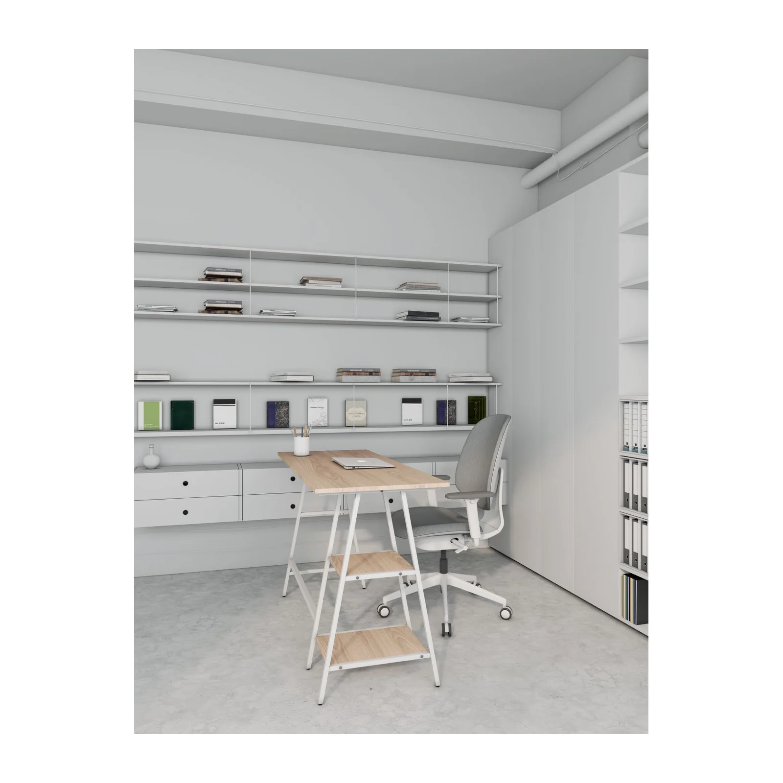 LARENA DESK, escritorio de madera clara con estructura blanca en ambiente