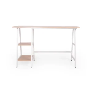LARENA DESK, escritorio de madera clara con estructura blanca, vista frontal