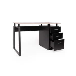 NARELIA DESK, escritorio de madera clara con cajonera negra, vista frontal