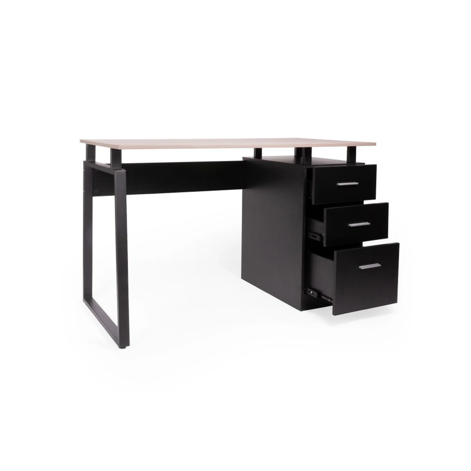 NARELIA-DESK-10350-FRENTE NARELIA DESK, escritorio de madera clara con cajonera negra, vista frontal