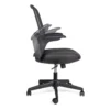 Vista frontal de Verea con respaldo medio de malla negra, soporte lumbar fijo, asiento acojinado y brazos abatibles.